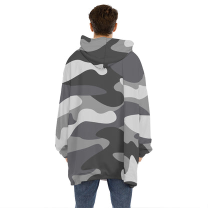 Grey And White Camouflage Print Hoodie Blanket