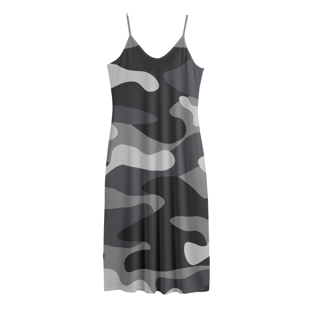 Grey And White Camouflage Print Jersey Midi Cami Dress