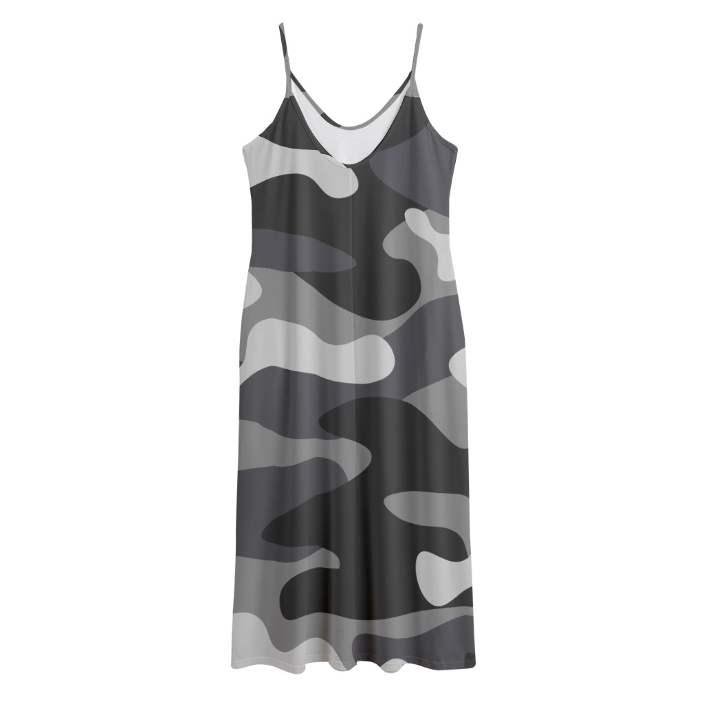 Grey And White Camouflage Print Jersey Midi Cami Dress