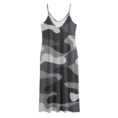 Grey And White Camouflage Print Jersey Midi Cami Dress