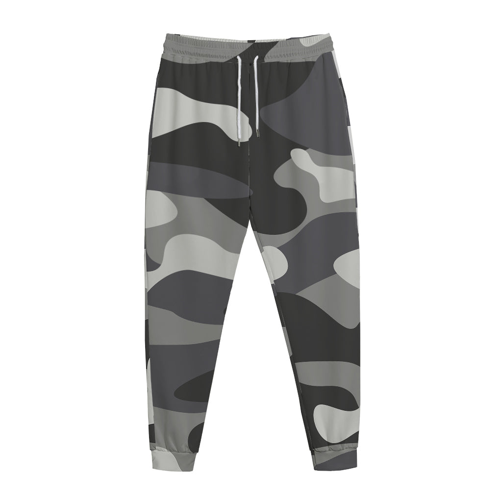 Grey And White Camouflage Print Jogger Pants