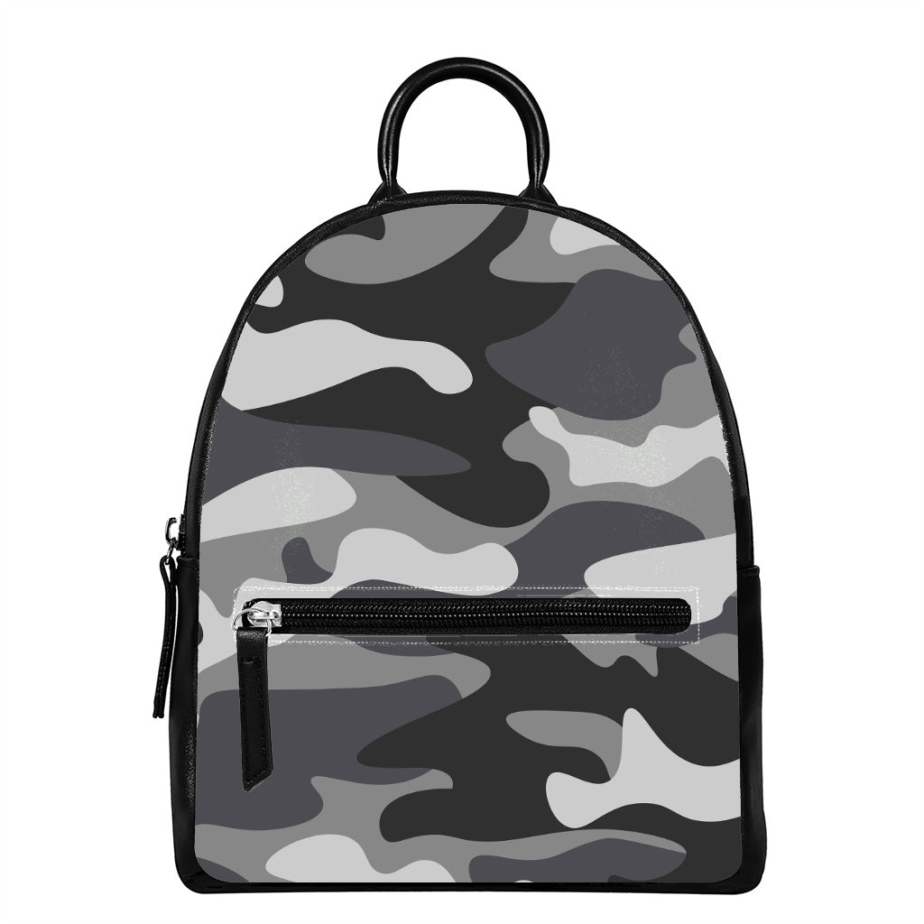 Grey And White Camouflage Print Leather Backpack