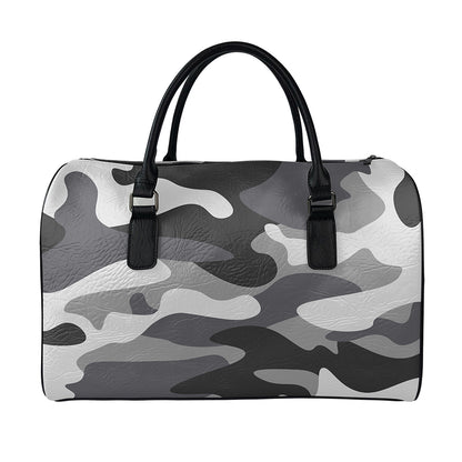 Grey And White Camouflage Print Leather Duffle Bag