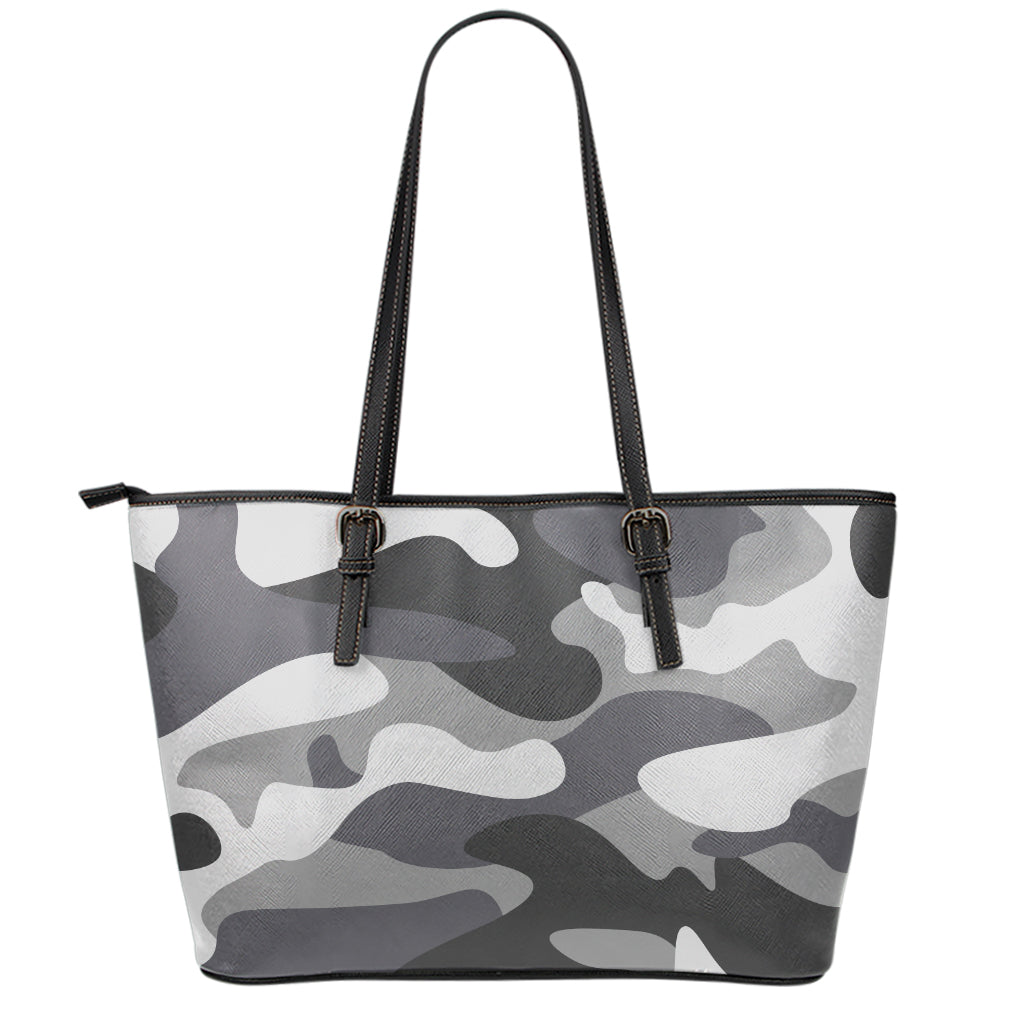 Grey And White Camouflage Print Leather Tote Bag