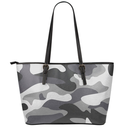 Grey And White Camouflage Print Leather Tote Bag