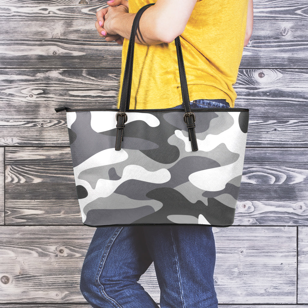 Grey And White Camouflage Print Leather Tote Bag
