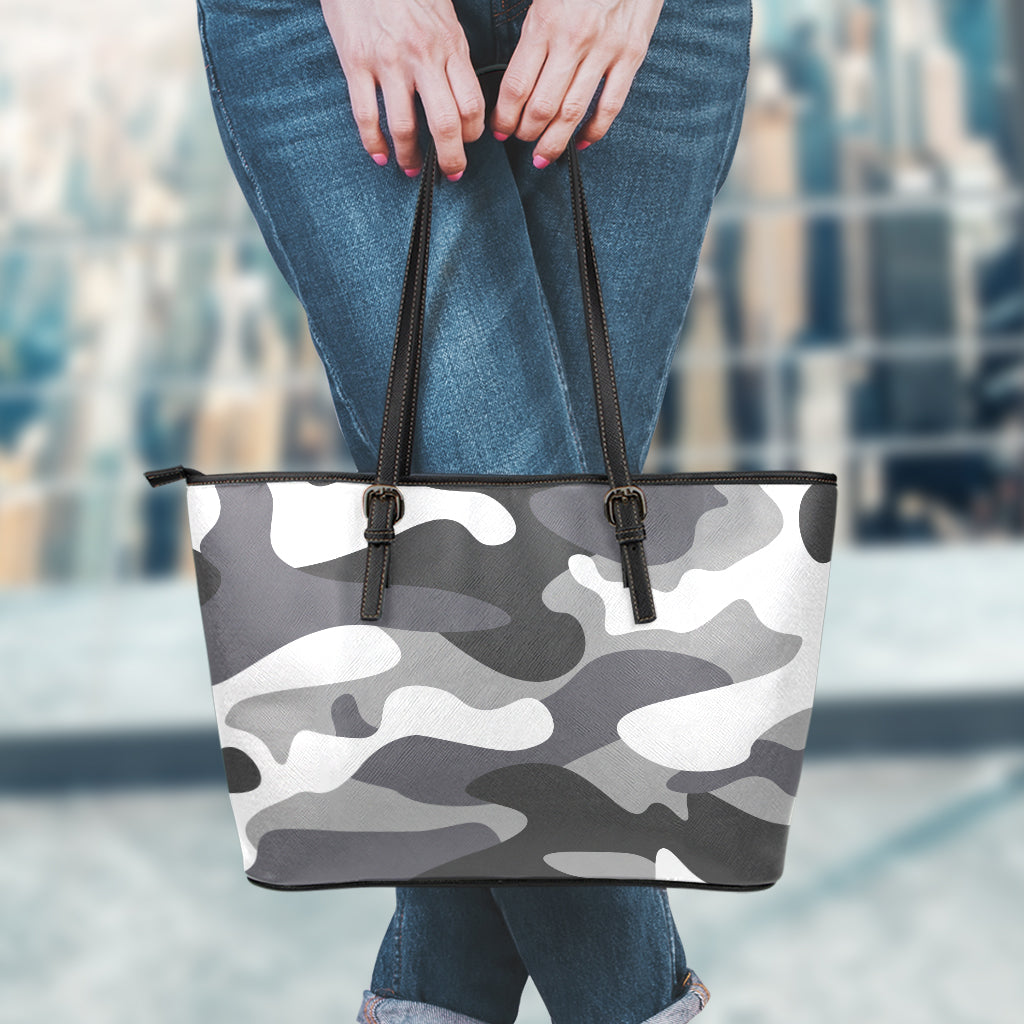 Grey And White Camouflage Print Leather Tote Bag