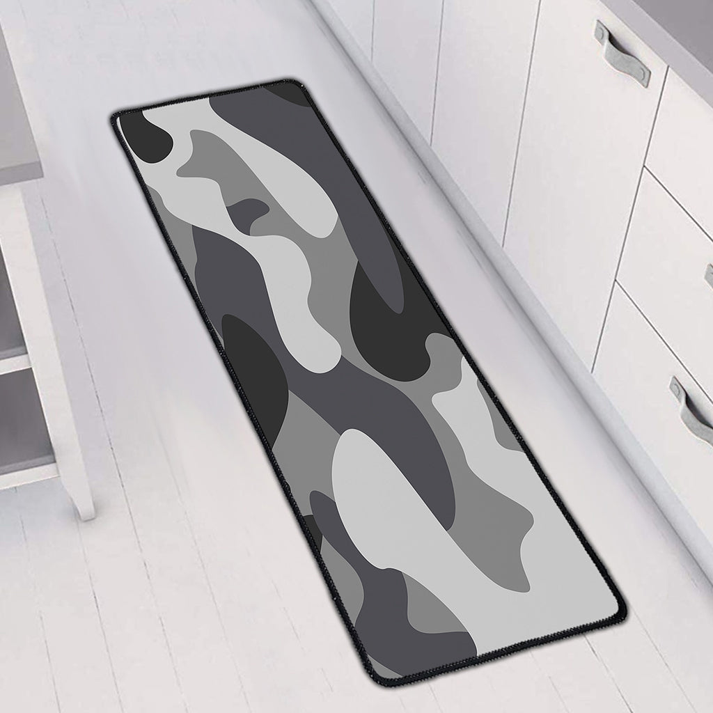 Grey And White Camouflage Print Long Kitchen Mat