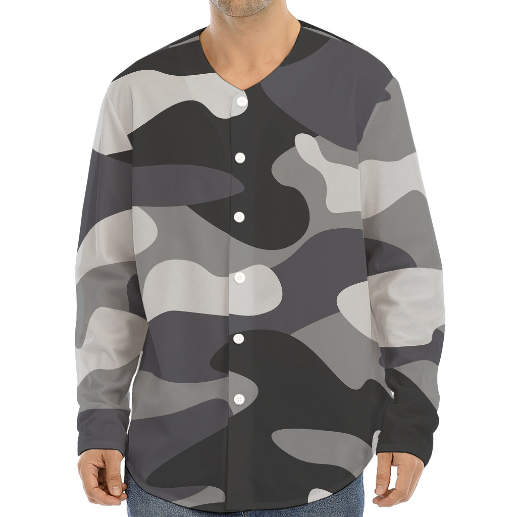 Grey And White Camouflage Print Long Sleeve Baseball Jersey