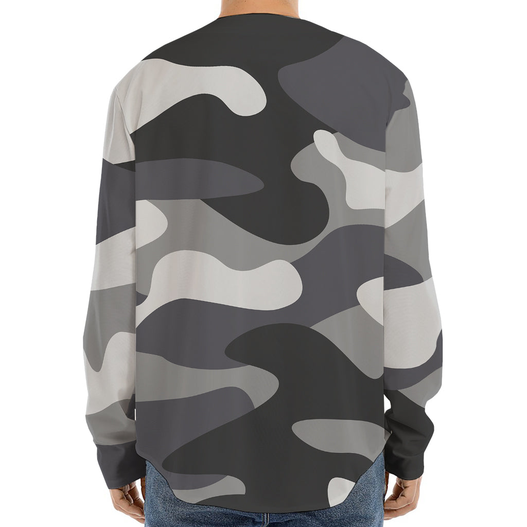 Grey And White Camouflage Print Long Sleeve Baseball Jersey