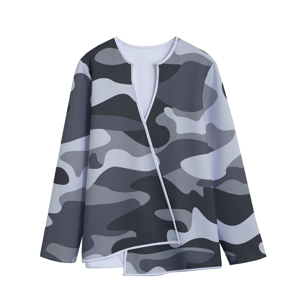 Grey And White Camouflage Print Long Sleeve Short Coat