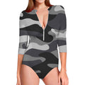 Grey And White Camouflage Print Long Sleeve Swimsuit