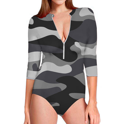 Grey And White Camouflage Print Long Sleeve Swimsuit