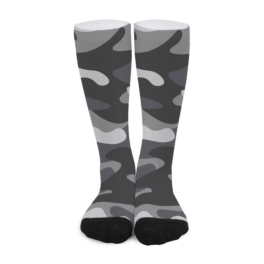 Grey And White Camouflage Print Long Socks