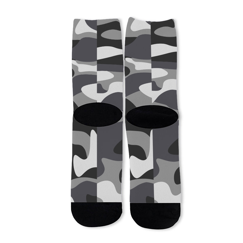 Grey And White Camouflage Print Long Socks