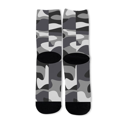Grey And White Camouflage Print Long Socks