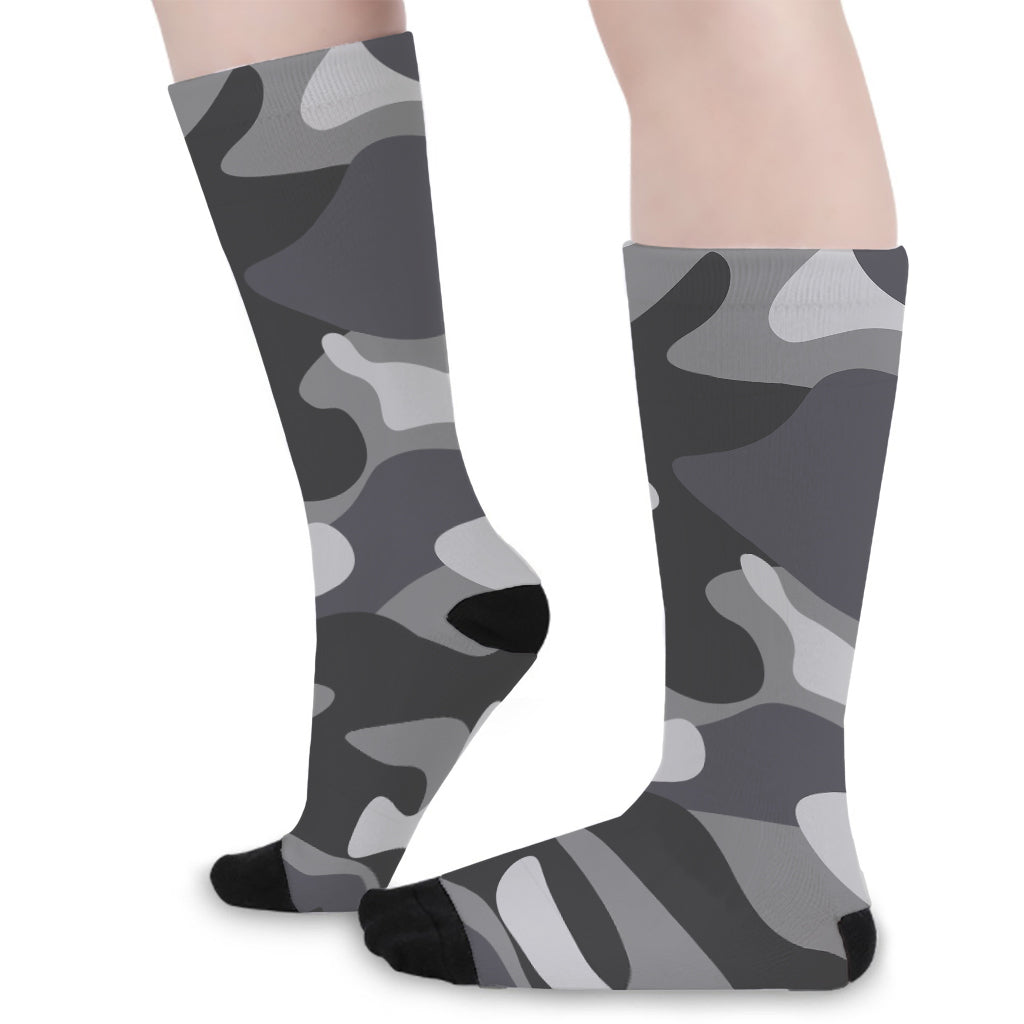 Grey And White Camouflage Print Long Socks