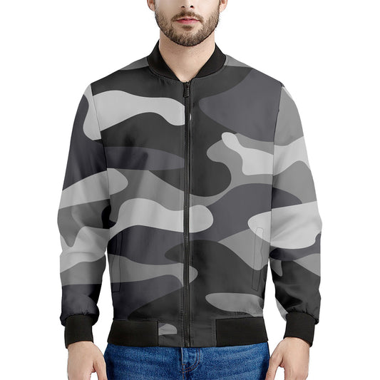 Grey And White Camouflage Print Men's Bomber Jacket