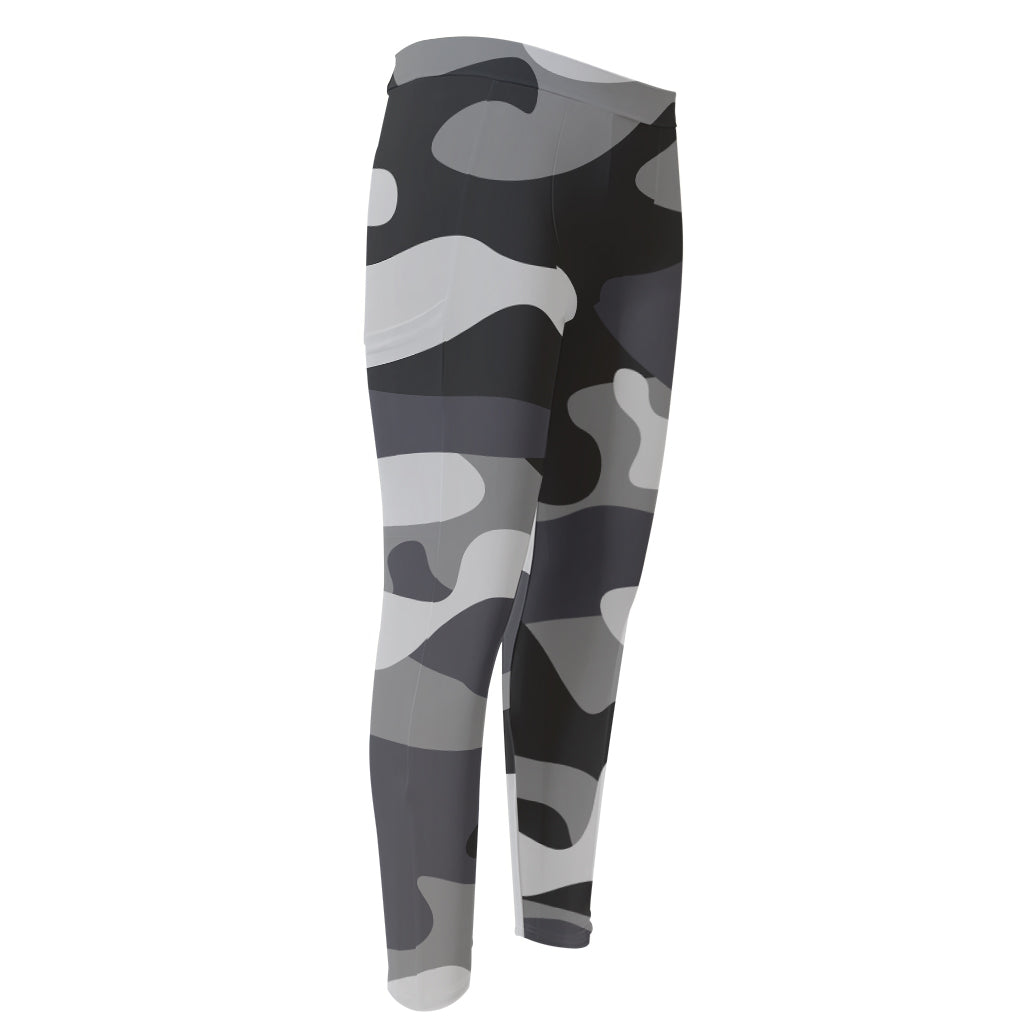 Grey And White Camouflage Print Men's Compression Pants