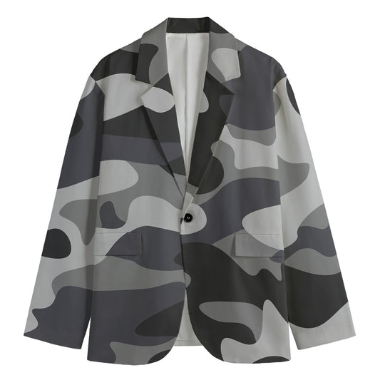 Grey And White Camouflage Print Men's Cotton Blazer