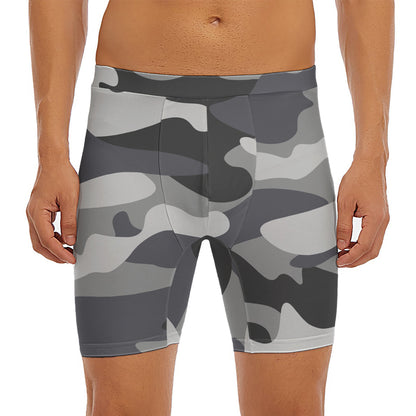 Grey And White Camouflage Print Men's Long Boxer Briefs