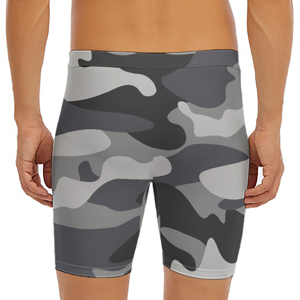 Grey And White Camouflage Print Men's Long Boxer Briefs