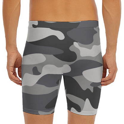 Grey And White Camouflage Print Men's Long Boxer Briefs