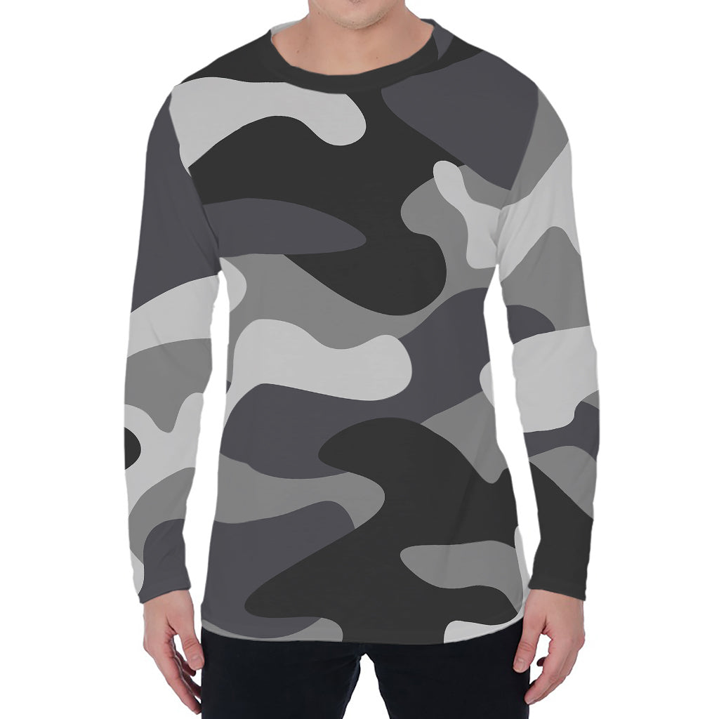 Grey And White Camouflage Print Men's Long Sleeve T-Shirt