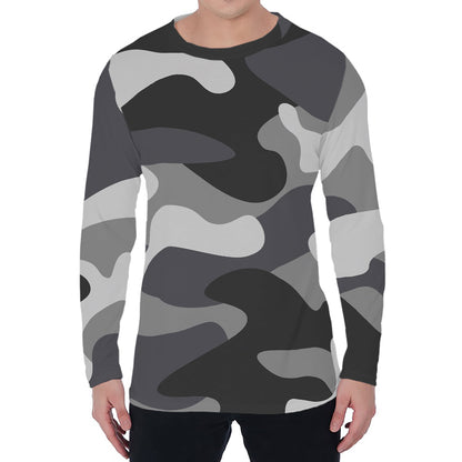 Grey And White Camouflage Print Men's Long Sleeve T-Shirt
