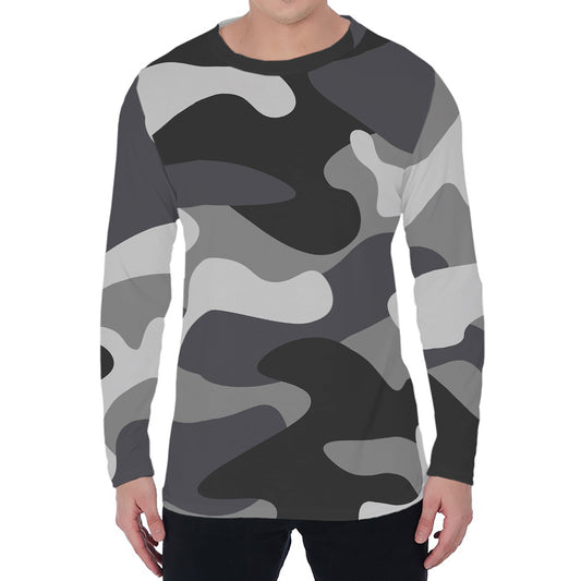 Grey And White Camouflage Print Men's Long Sleeve T-Shirt