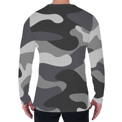 Grey And White Camouflage Print Men's Long Sleeve T-Shirt