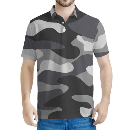 Grey And White Camouflage Print Men's Polo Shirt