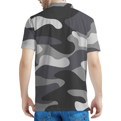 Grey And White Camouflage Print Men's Polo Shirt