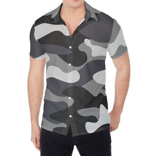 Grey And White Camouflage Print Men's Shirt