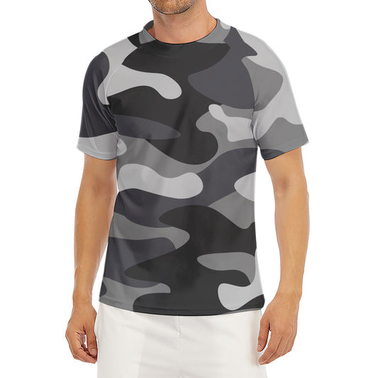 Grey And White Camouflage Print Men's Short Sleeve Rash Guard