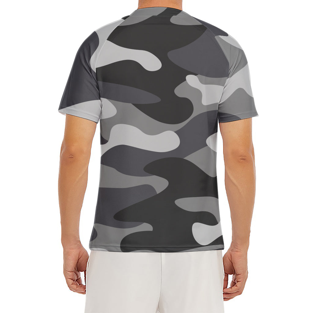 Grey And White Camouflage Print Men's Short Sleeve Rash Guard