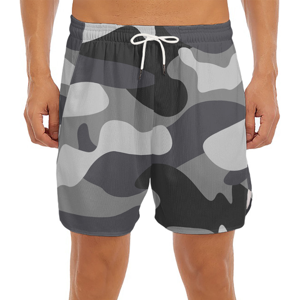 Grey And White Camouflage Print Men's Split Running Shorts