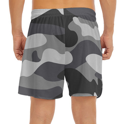 Grey And White Camouflage Print Men's Split Running Shorts