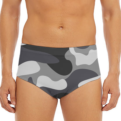 Grey And White Camouflage Print Men's Triangle Swim Briefs