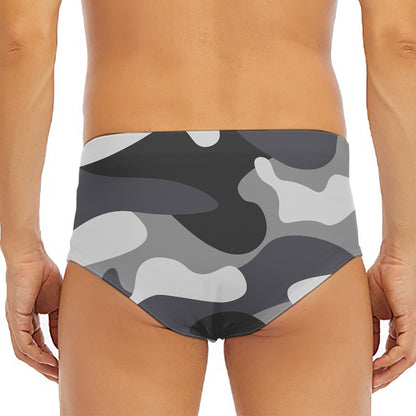 Grey And White Camouflage Print Men's Triangle Swim Briefs