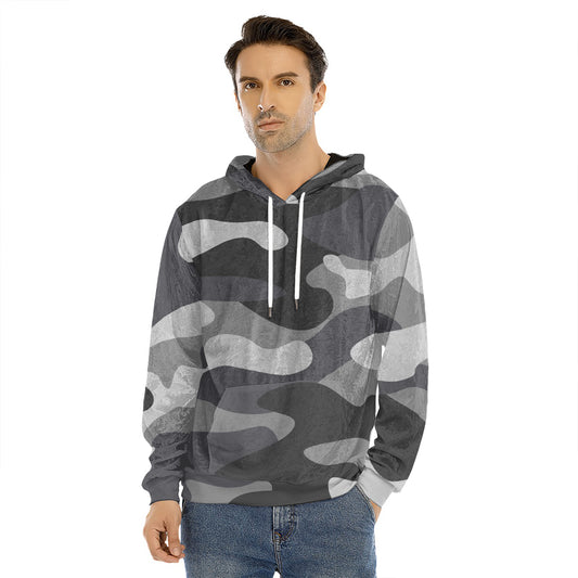 Grey And White Camouflage Print Men's Velvet Pullover Hoodie