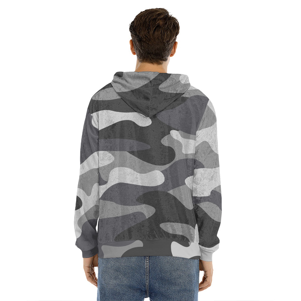 Grey And White Camouflage Print Men's Velvet Pullover Hoodie