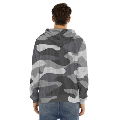 Grey And White Camouflage Print Men's Velvet Pullover Hoodie