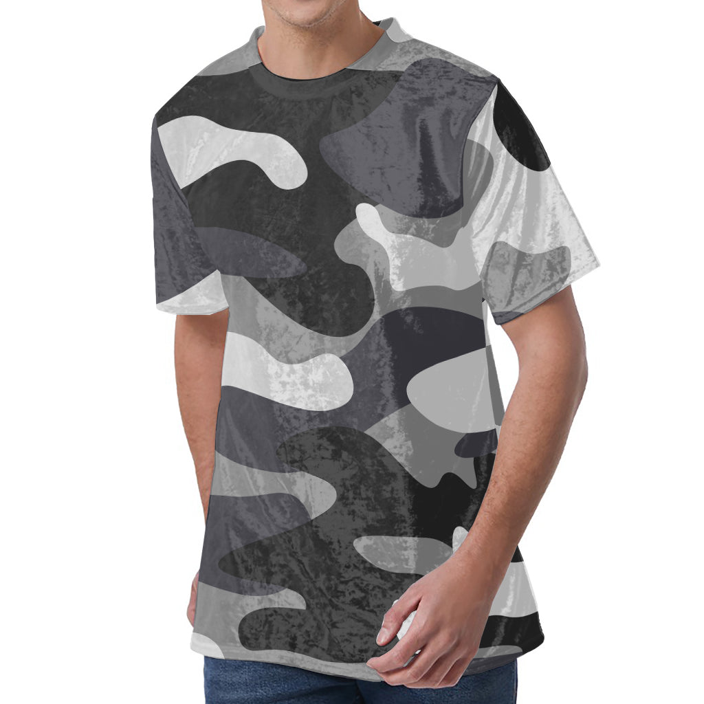 Grey And White Camouflage Print Men's Velvet T-Shirt