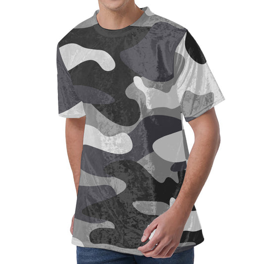 Grey And White Camouflage Print Men's Velvet T-Shirt