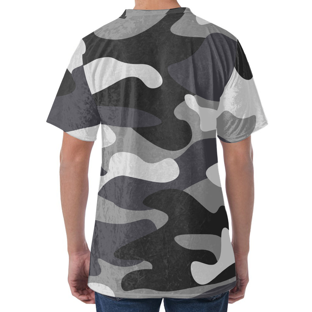 Grey And White Camouflage Print Men's Velvet T-Shirt