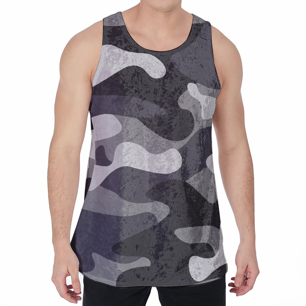 Grey And White Camouflage Print Men's Velvet Tank Top