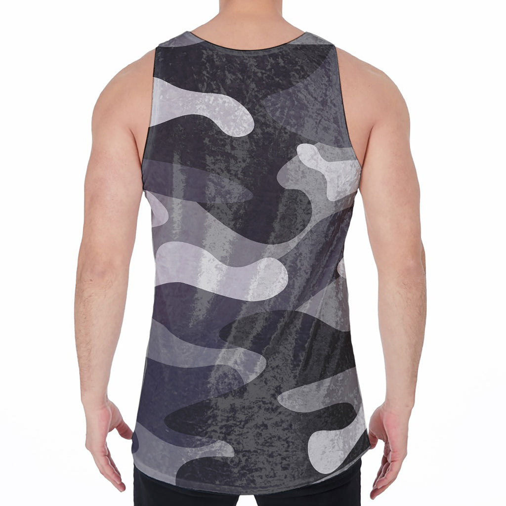 Grey And White Camouflage Print Men's Velvet Tank Top