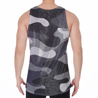 Grey And White Camouflage Print Men's Velvet Tank Top