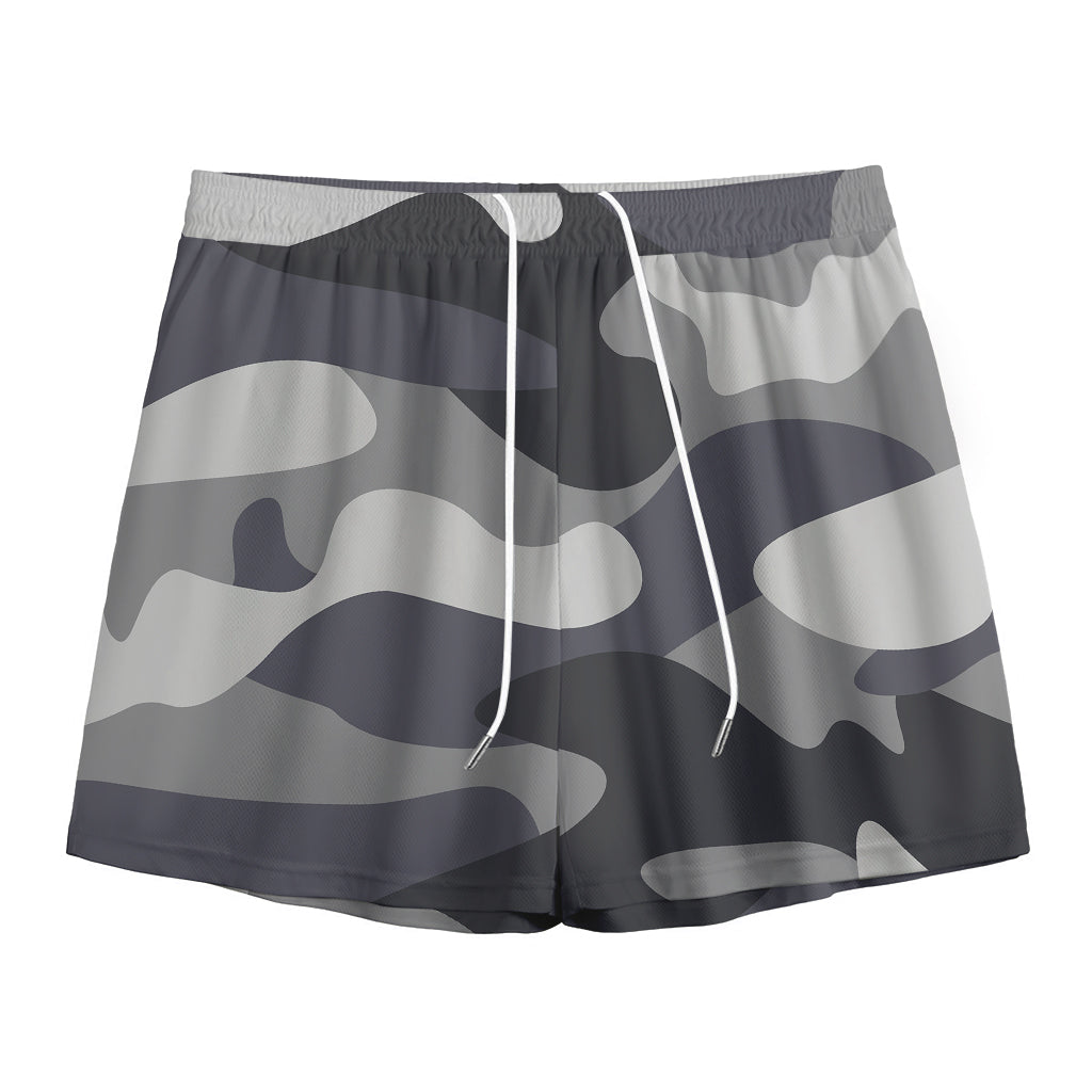 Grey And White Camouflage Print Mesh Shorts